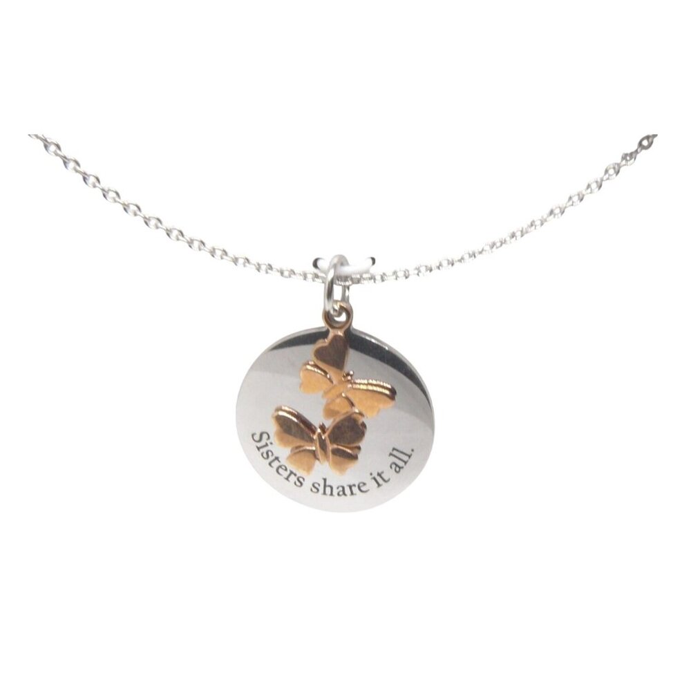 Hallmark "Sisters Share It All" Stainless Steel Pendant Necklace w Adj Chain